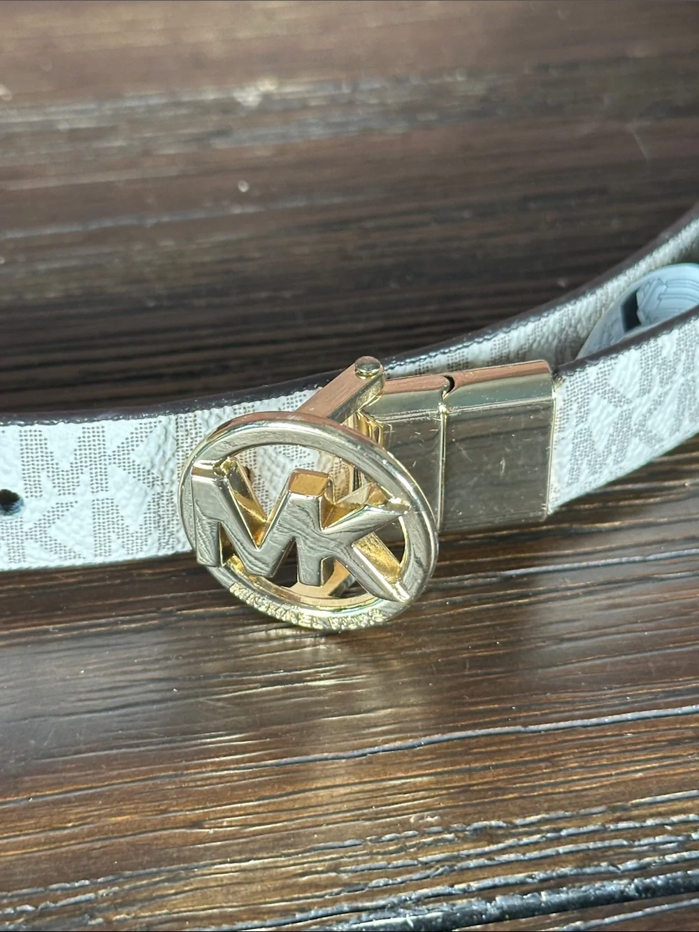 Michael Kors White Logo Slim Reversible Belt with Gold MK Buckle